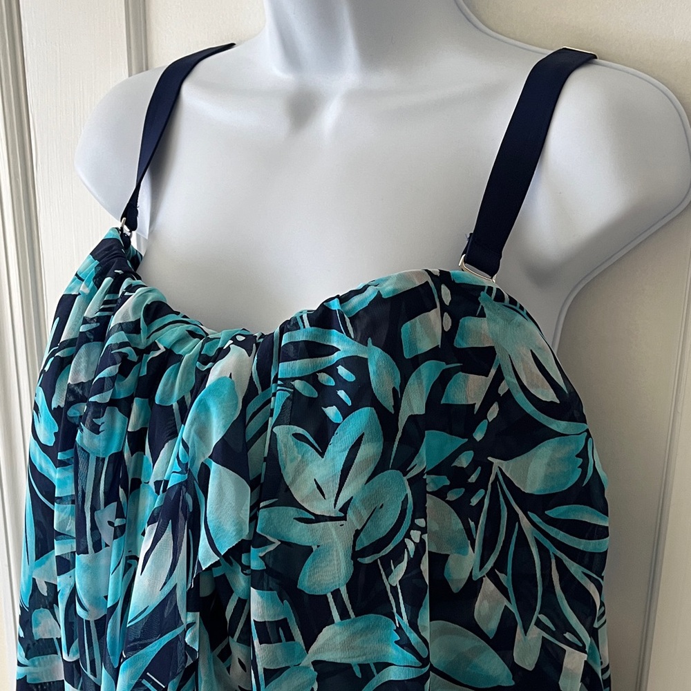 NWT Lands End 1 Piece Swimsuit Bathing 22W Mesh Bandeau Blue Teal Floral Support - Picture 3 of 15